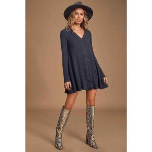 Lulus Sweet Comfort Long Sleeve Knit Sweater Skater Dress Blue NEW
